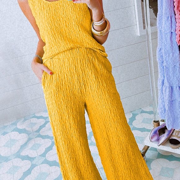 Yellow Crinkled U Neck Tank Top and Wide Leg Pants Set - Picture 12 of 15